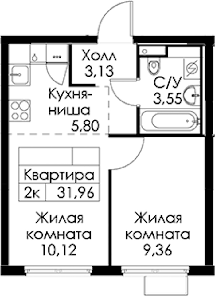 1-комнатная квартира 31.96 м², 2/24 эт., ЖК «Заречный парк»